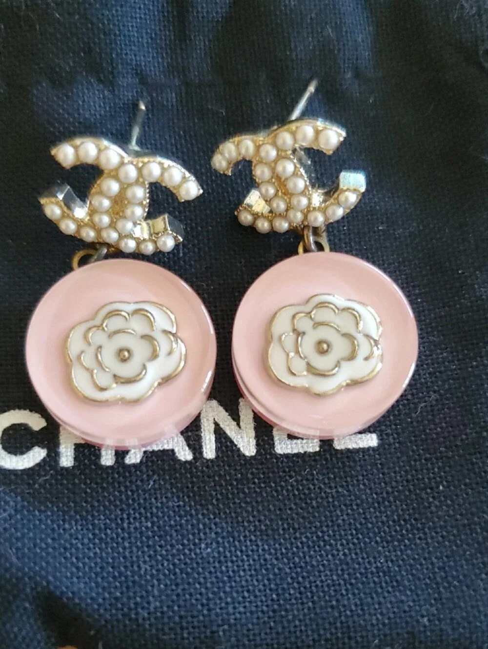 CHANEL Camellia Pink Pearl CC Drop Earrings with Floral Medallion